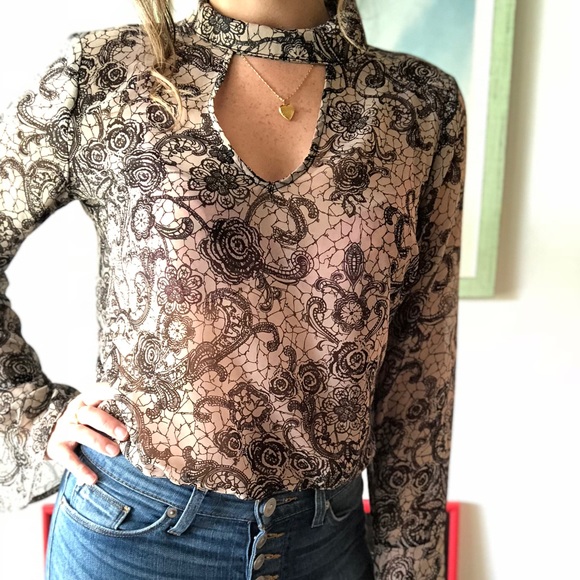 Harlowe & Graham Tops - Sheer Black and White Blouse with Keyhole choker